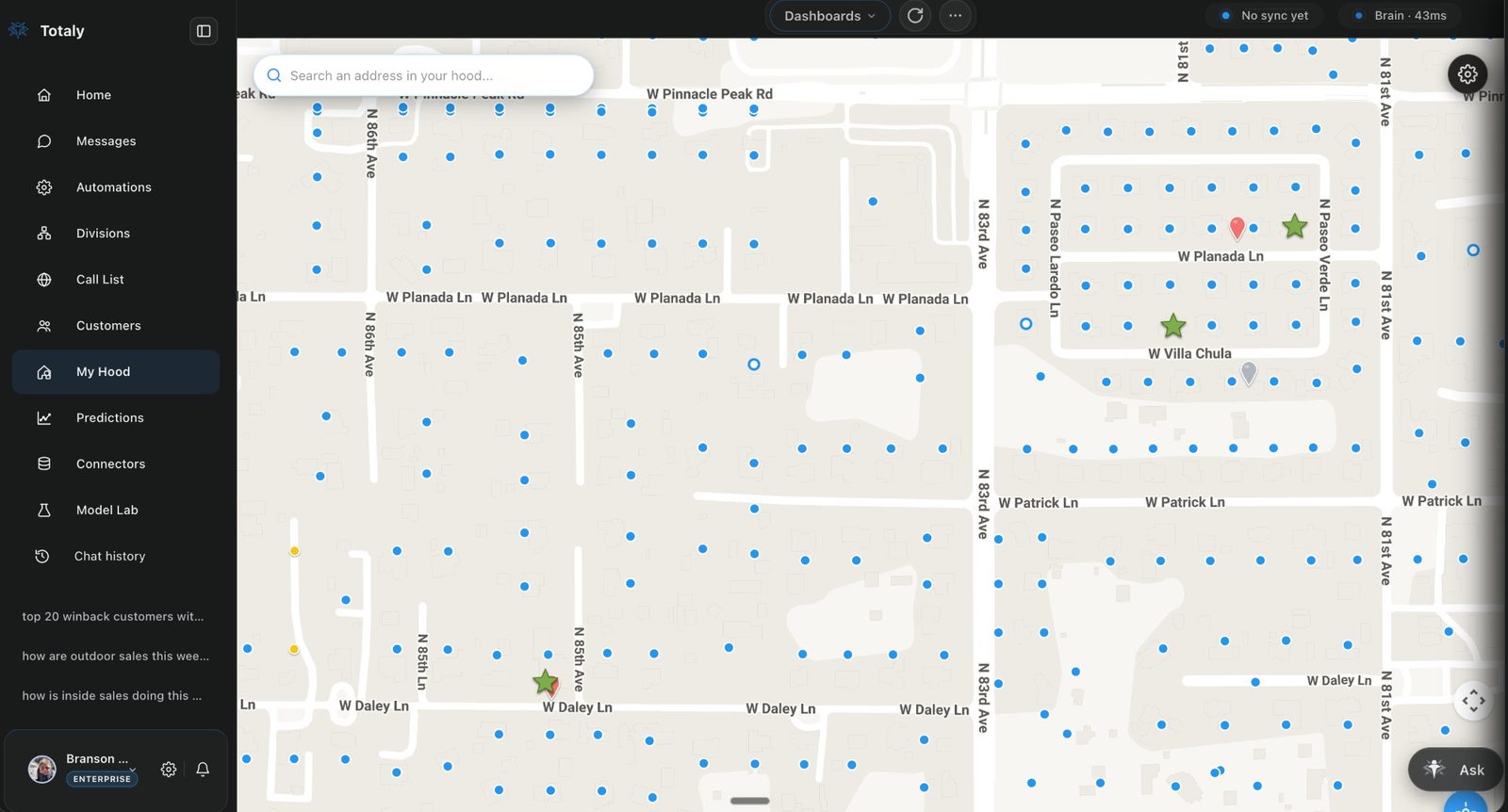 My Hood real-street map on W Pinnacle Peak Rd showing door pins colored by predicted close rate for door-to-door territory ranking